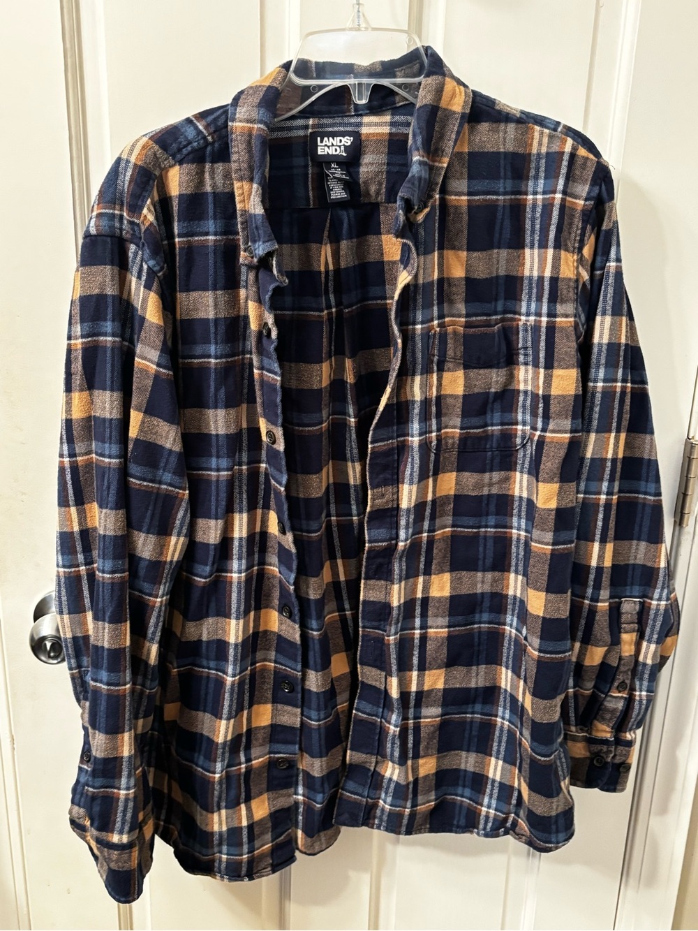 Lands' End Navy and Mustard Plaid Flannel Button-Up